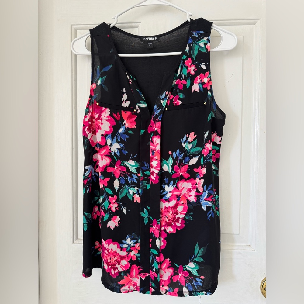 Express Black Floral V-Neck Sleeveless Top - Pink & Green Print